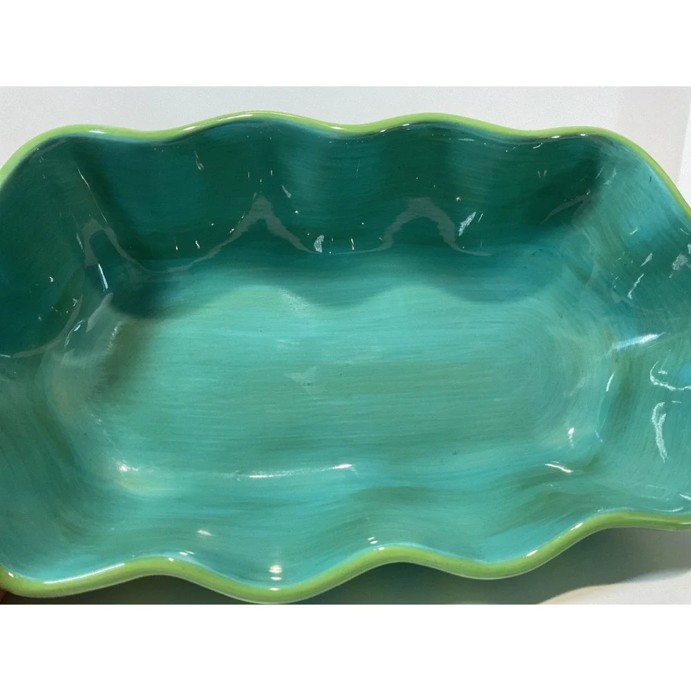 Gail Pittman Hand Painted‎ Ceramic Serving Bowl Striped Teal Green Scalloped Rim